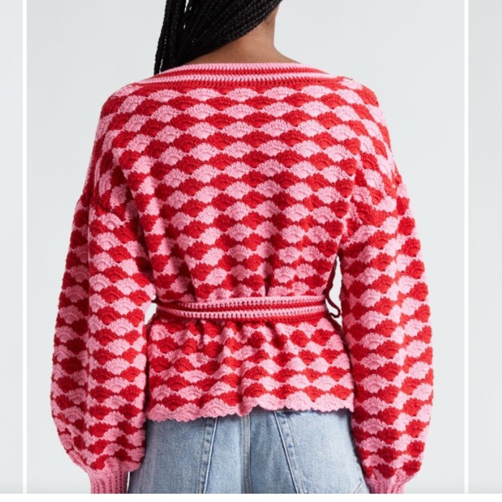 FARM Rio 🍃 HTF ✨ Fan Stitch Belted Crochet Cardigan, Red + Pink, Size Large, NEW - Picture 6 of 14